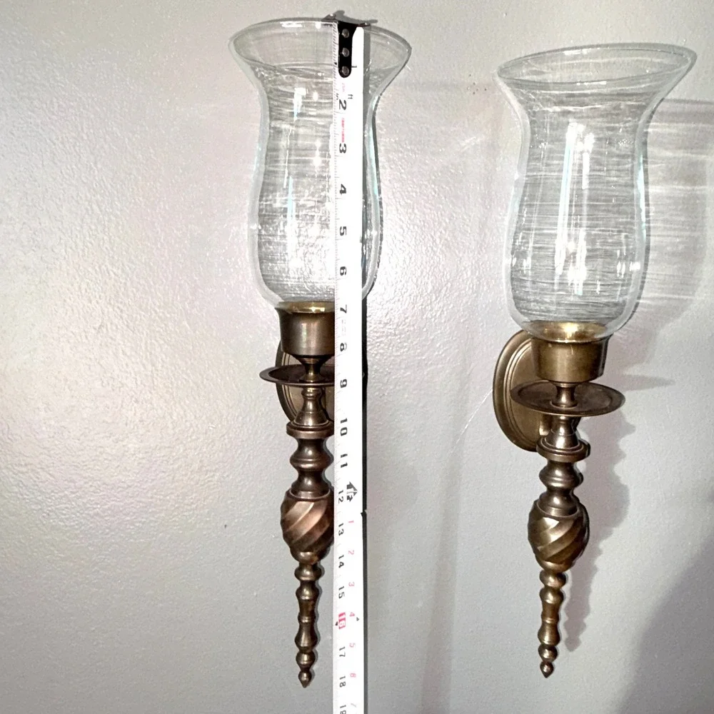 Pair of Vtg Antique Brass Hurricane Wall Sconces with Clear Glass Shades 18in